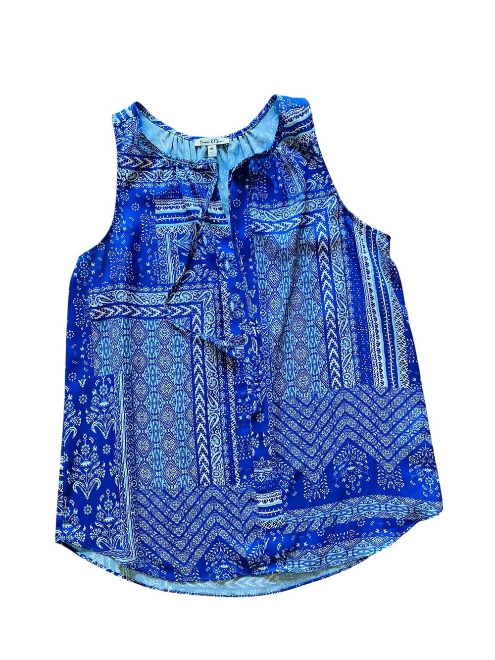 Blue Patterned Sleeveless Ruffle Front Top - Picture 2 of 4